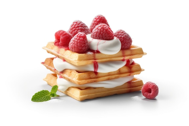 Waffles belgas com chantilly, morangos e molho de caramelo isolados em fundo branco