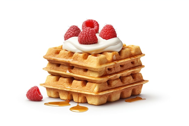 Waffles belgas com chantilly, morangos e molho de caramelo isolados em fundo branco