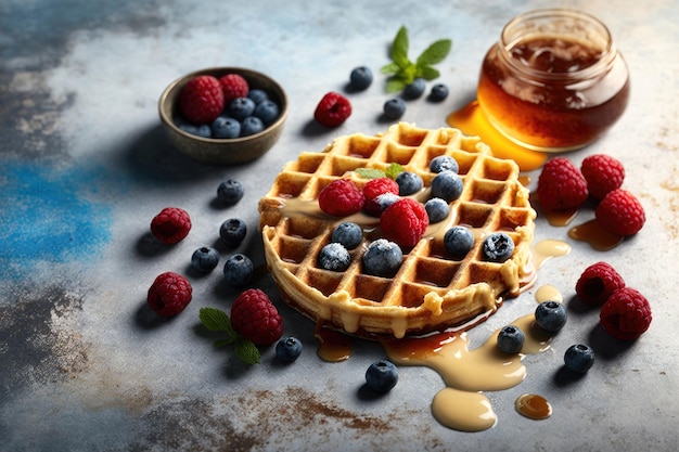 Waffles belgas com framboesas, mirtilos e xarope caseiro, café da manhã saudável, geração de IA