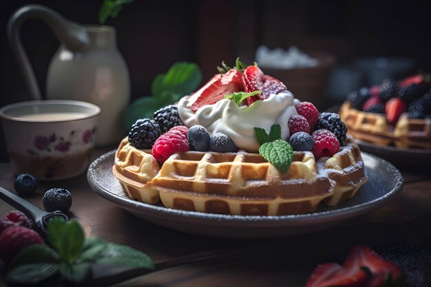 Waffles belgas com frutas e creme de manteiga em uma mesa de madeira Generative AI 2