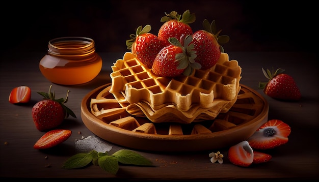 Waffles belgas com morangos frescos e mel em madeira backgroundgenerative ai