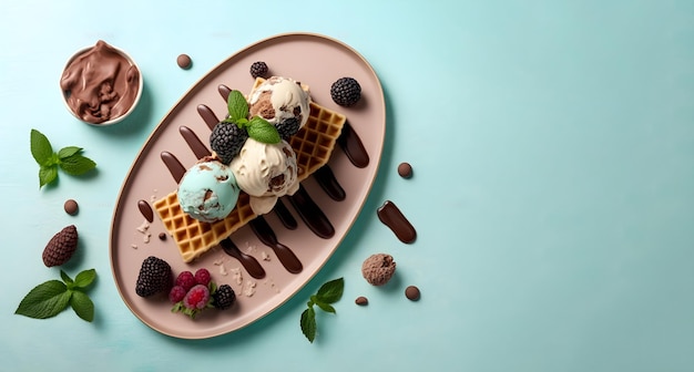 Waffles belgas com sorvete de chocolate e frutas silvestres em um fundo moderno Generative AI