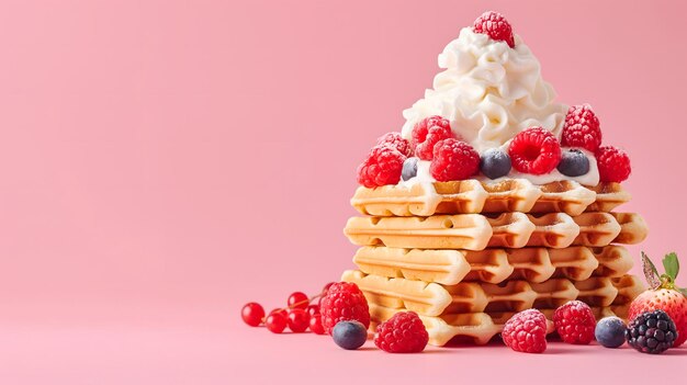 Waffles belgas con crema batida y bayas frescas