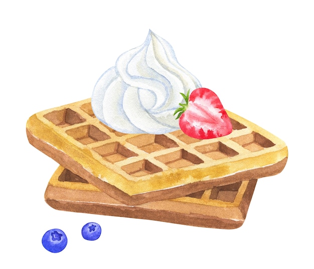 Waffles belgas con crema batida y fresa y mora. Ilustración acuarela dibujada a mano. Aislado.