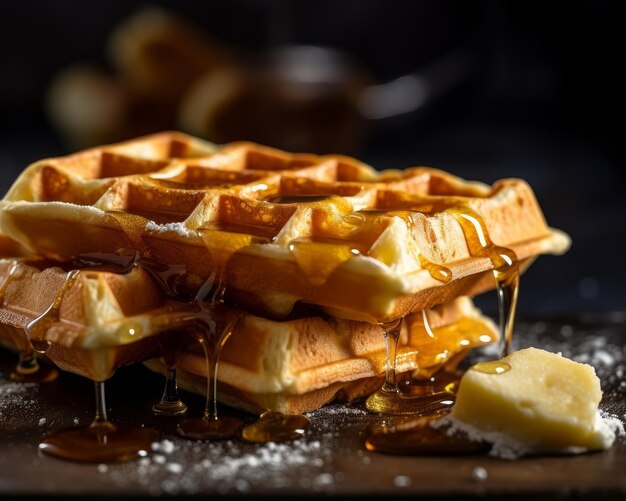 Waffles belgas crocantes com manteiga e mel