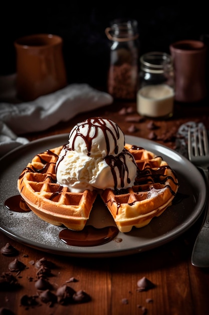 Waffles belgas con diferentes salsas frutos rojos helado de chocolate IA generativa