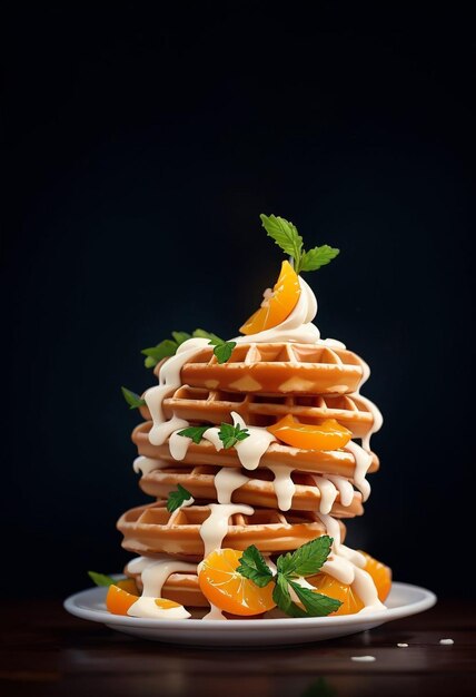 Waffles belgas dulces cocidos con naranjas en un negro