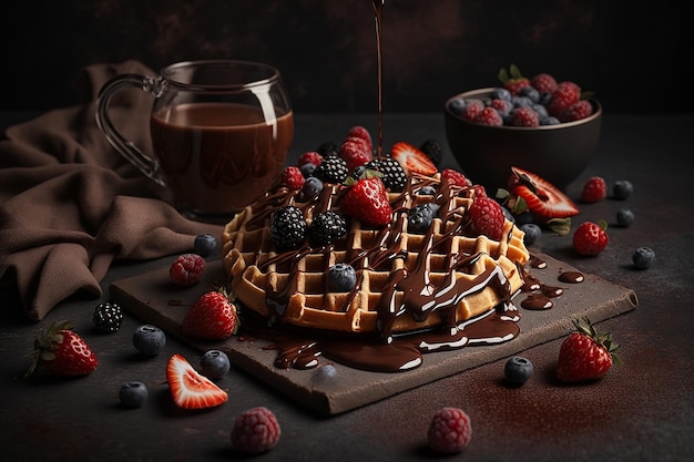 Waffles belgas e café deliciosos produtos de café da manhã foto de estúdio fundo preto escuro Generative AI