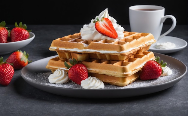 Waffles belgas esponjosos con crema batida y fresas