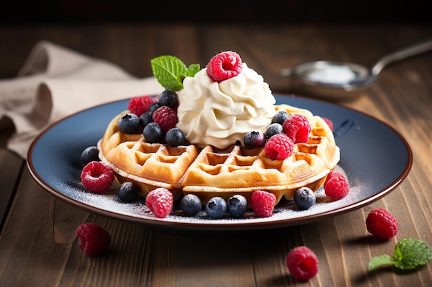 Waffles belgas con frambuesas, arándanos y helado.