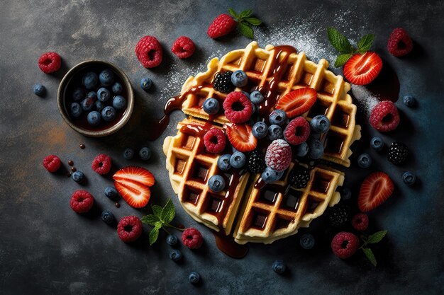 Waffles belgas con frambuesas, arándanos y jarabe de desayuno saludable casero generación AI