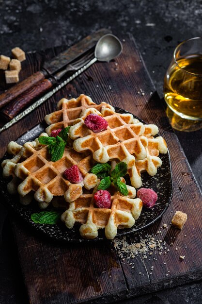 Waffles belgas con frambuesas y menta en un plato oscuro