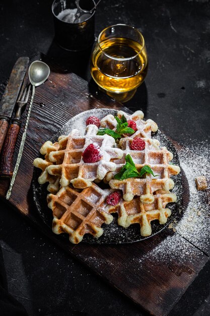 Waffles belgas con frambuesas y menta en un plato oscuro