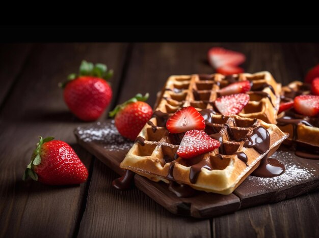 Waffles belgas con fresas y chocolate Generative Ai