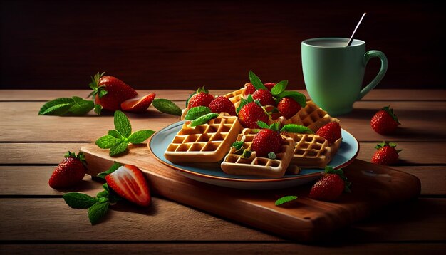 Waffles belgas con fresas frescas y miel sobre fondo de madera ai generativo