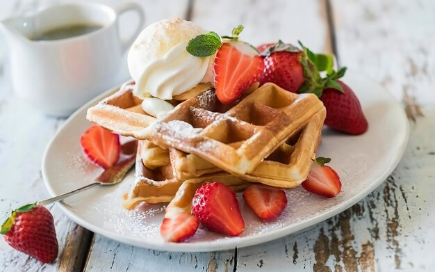 Waffles belgas con fresas y helado en plato blanco