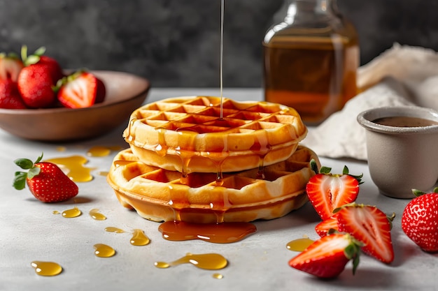 Waffles belgas con fresas maduras y goteo de miel Ilustración generativa de IA
