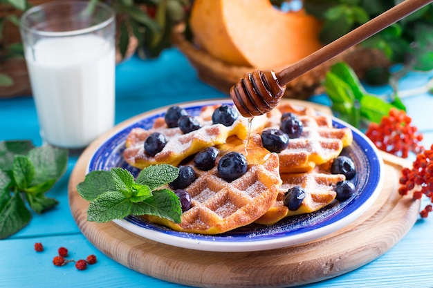 Waffles belgas con frutos rojos y miel para el desayuno