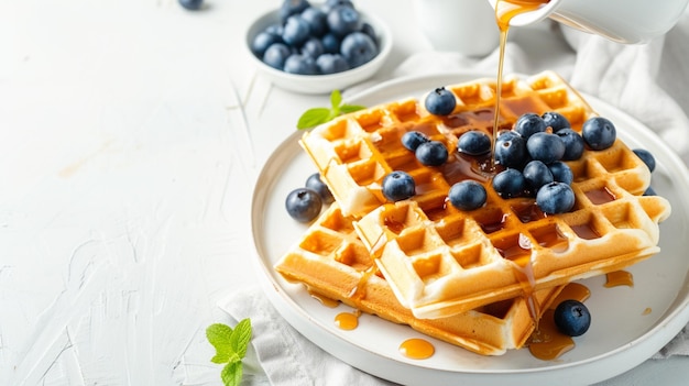 Waffles belgas hechos a mano con caramelo y arándanos en mesa blanca Generativo Ai