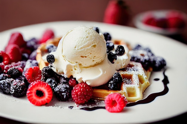 Waffles belgas con helado de frambuesa y moras en un plato de fondo borroso