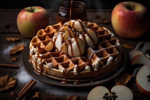 Waffles caseros de canela con manzana en el desayuno