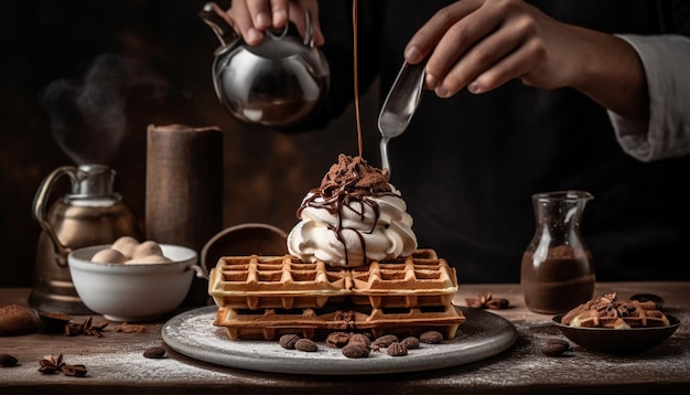 Waffles de chocolate recién horneados apilados en un plato generado por IA