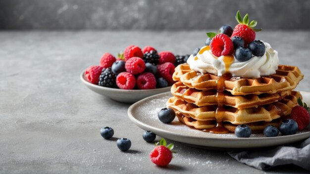 Waffles cobertos com bagas de creme e xarope