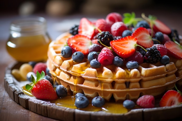 Waffles com bagas e mel em fundo de madeira