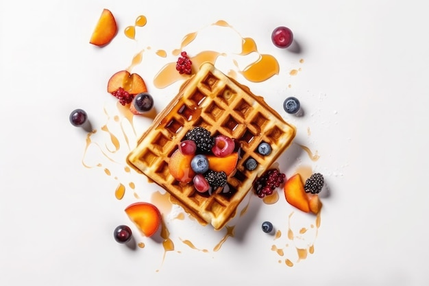 Waffles com calda de sorvete de caramelo e frutas frescas em fundo branco Vista de cima Flat lay Ai generative