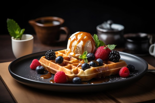 Waffles com calda de sorvete de caramelo e frutas frescas na mesa de madeira Ai generative