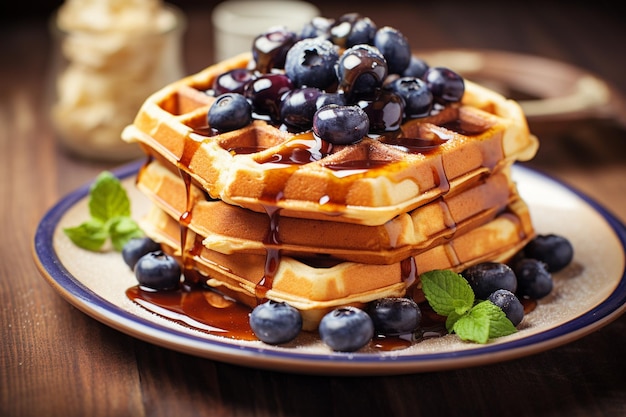 Waffles com manteiga de amendoim e bagas de mirtilo em uma mesa de madeira leve