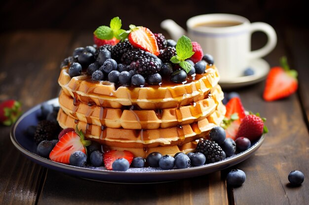 Waffles com manteiga de amendoim e bagas de mirtilo em uma mesa de madeira leve