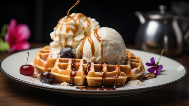 Waffles com morango e chocolate