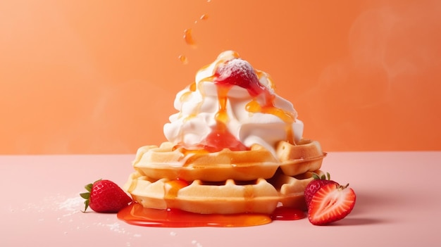 Waffles com morangos e calda por cima e fundo rosa