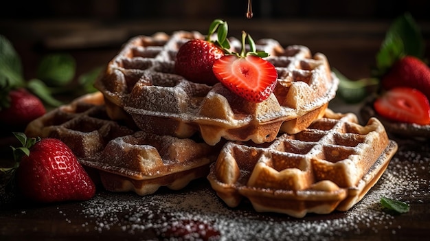 Waffles com morangos polvilhados com açúcar de confeiteiro Recurso criativo IA Gerado