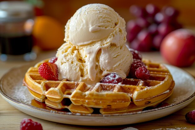 Waffles com sorvete e bagas frescas