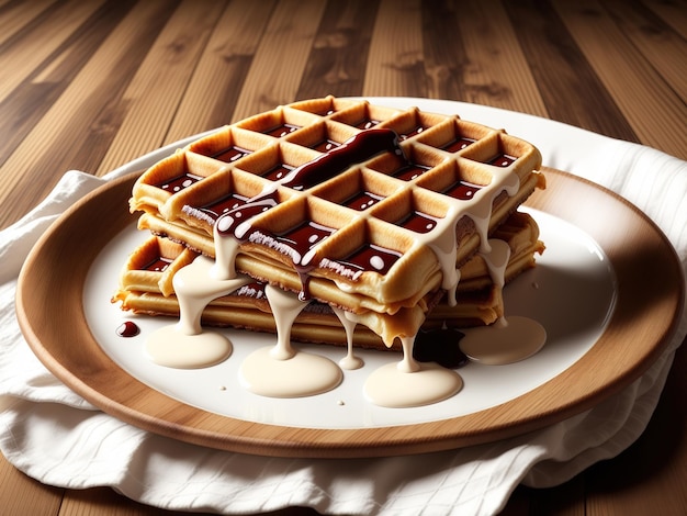 Waffles com um prato branco e um prato branco com um prato marrom e branco com um waffle.