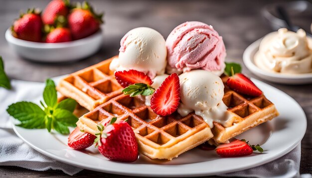 Waffles da Bélgica com morangos e sorvete em prato branco