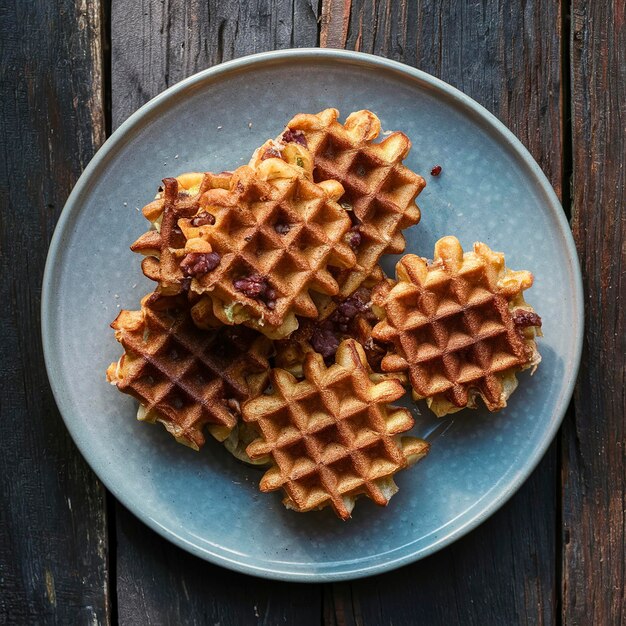 waffles de batata frita cozidos com recheio de salsicha no interior em um prato em uma mesa de madeira