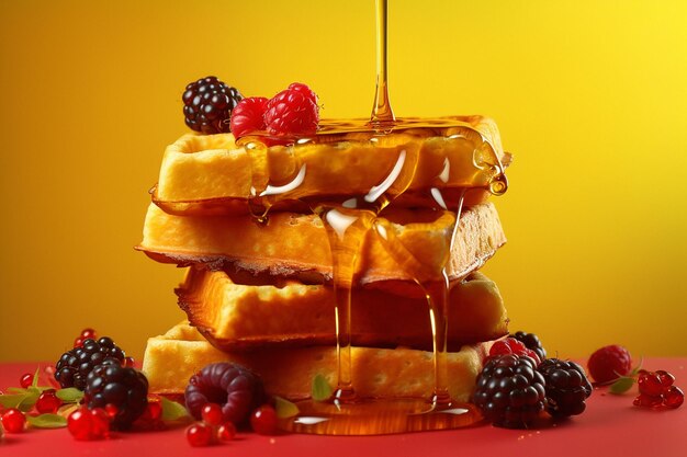 Waffles de foto com bagas derramando mel em cima e fundo amarelo