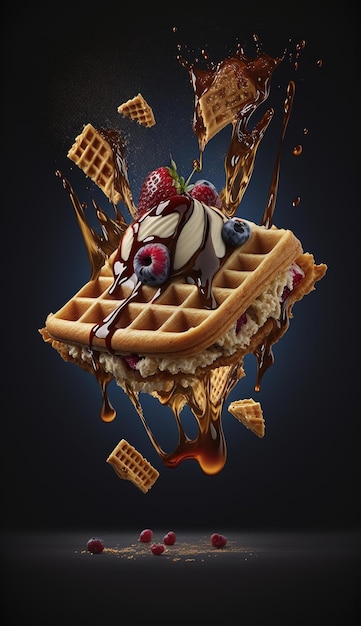 Waffles de ilustração 3D com calda de chocolate e sorvete e frutas frescas em fundo cinza escuro.