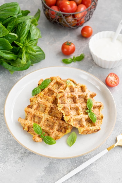 waffles de queijo de abobrinha com creme de leite e manjericão fresco Prato vegetariano Espaço para texto