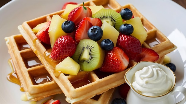 Waffles deliciosos com frutas e mel