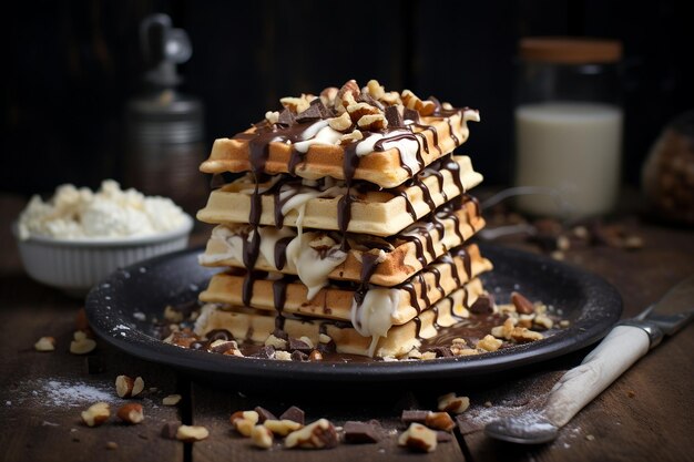 Waffles empilhados com camadas de queijo mascarpone e virilhas de chocolate