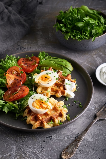 Waffles, ervas, tomates, salada, ovos e temperos servidos em um prato