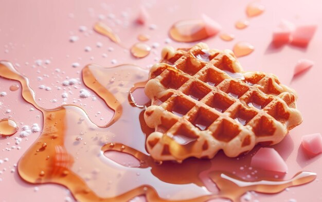 Foto waffles en forma de corazón salpicados de jarabe sobre un fondo pastel foto profesional de comida generada por ai