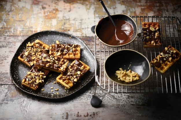 Waffles franceses con chocolate y nueces