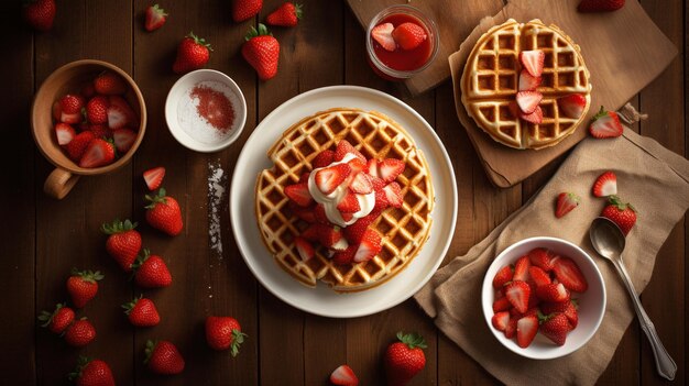 Waffles y fresas vista de arriba hacia abajo