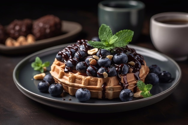 Waffles frescos con frutas de bayas y desayuno de crema IA generativa