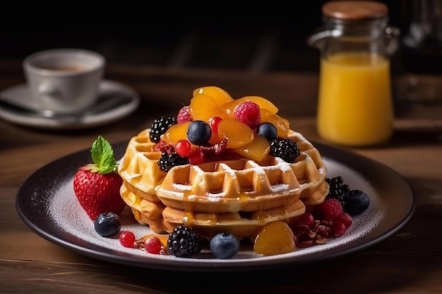 Waffles frescos con frutas de bayas y desayuno de crema IA generativa